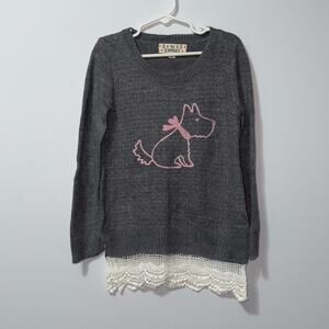 Pink Republic Girls Sweater Dog Graphic Lace Hem Gray Size M (5/6)
